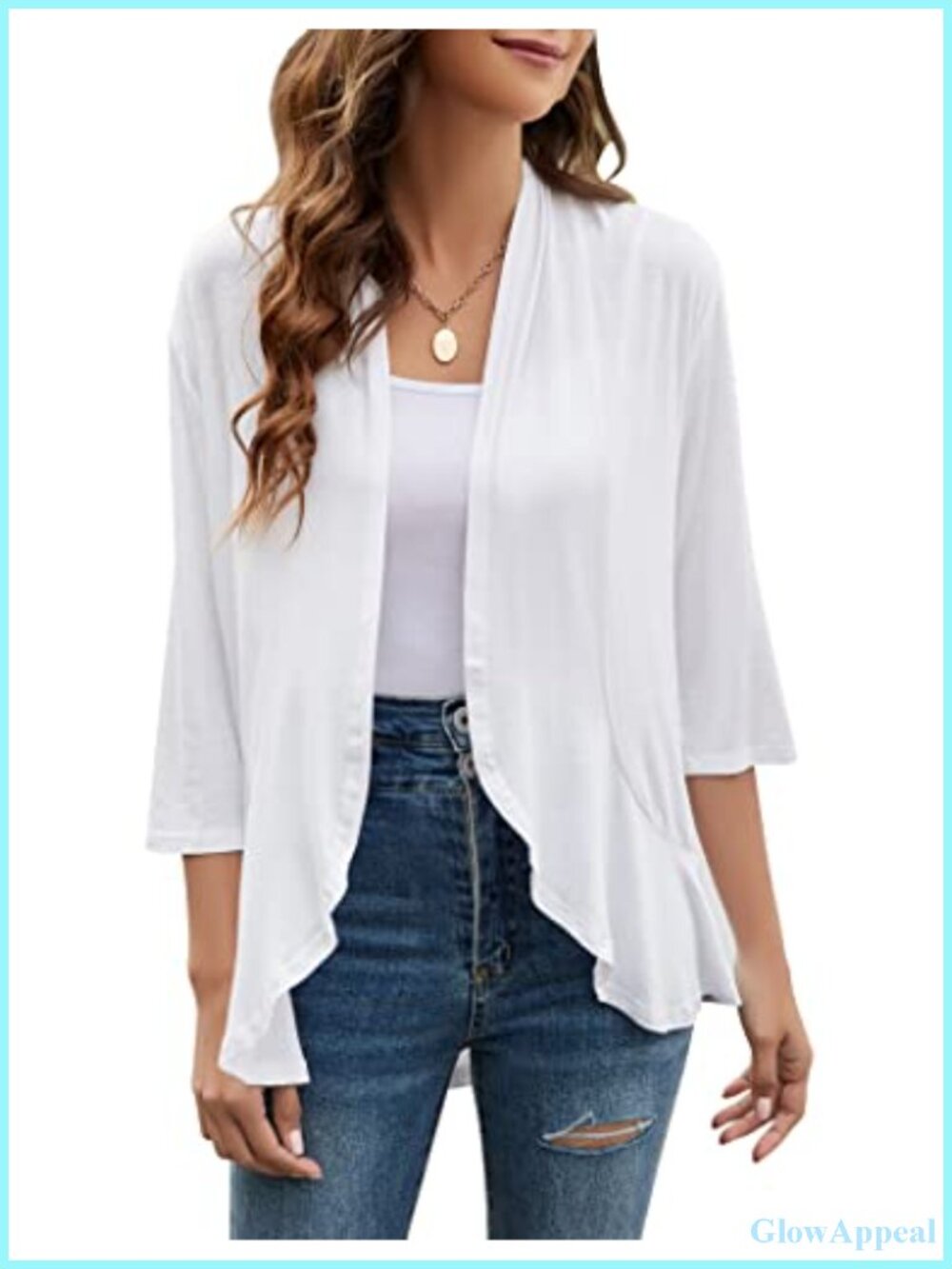 Womens 3/4 Sleeve Open Front Lightweight Cardigan Ruffle Drape